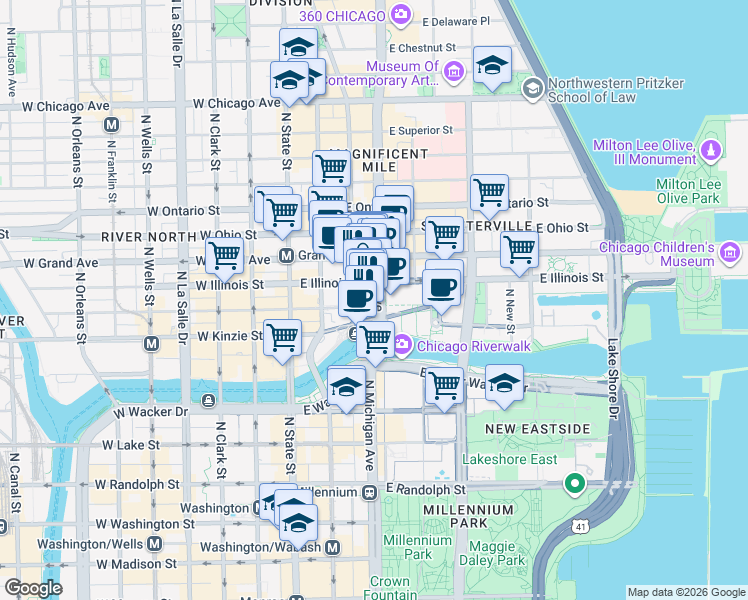 map of restaurants, bars, coffee shops, grocery stores, and more near 430 North Michigan Avenue in Chicago