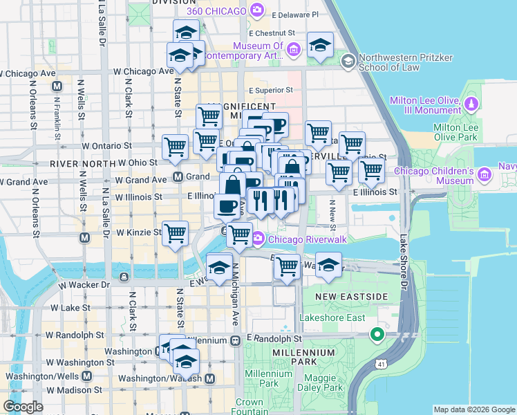 map of restaurants, bars, coffee shops, grocery stores, and more near 450 Cityfront Plaza Drive in Chicago