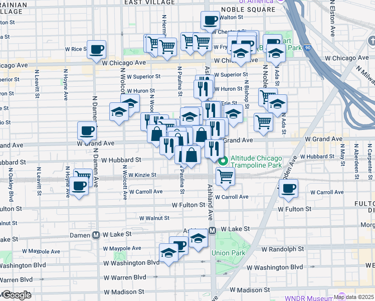 map of restaurants, bars, coffee shops, grocery stores, and more near 1649 West Ferdinand Street in Chicago