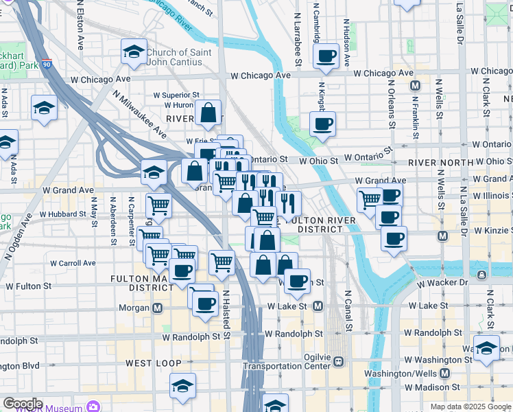 map of restaurants, bars, coffee shops, grocery stores, and more near 658 West Hubbard Street in Chicago