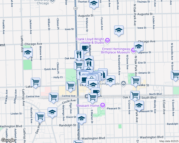 map of restaurants, bars, coffee shops, grocery stores, and more near 198 North Marion Street in Oak Park