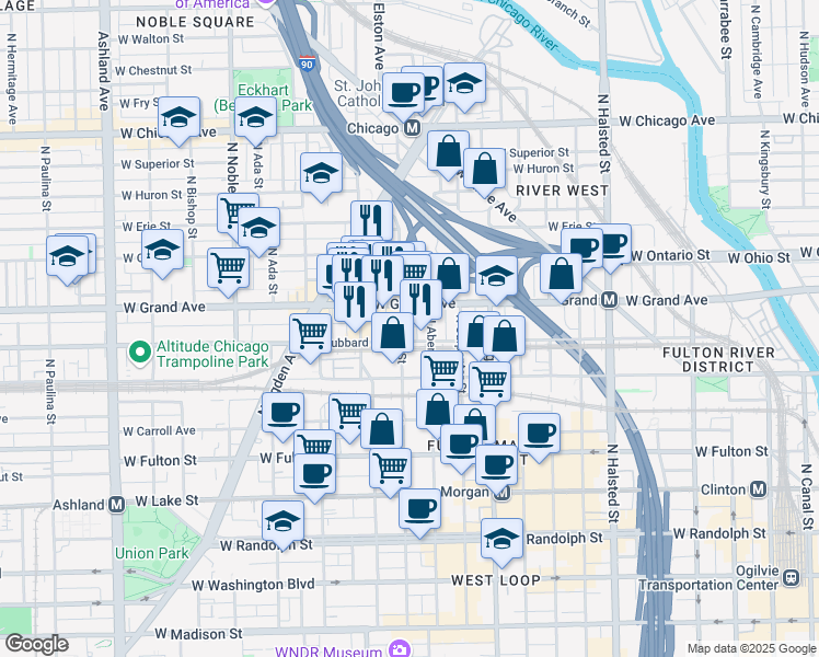 map of restaurants, bars, coffee shops, grocery stores, and more near 453 North May Street in Chicago