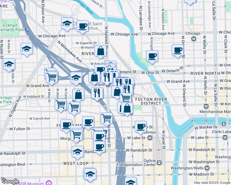 map of restaurants, bars, coffee shops, grocery stores, and more near 470 North Milwaukee Avenue in Chicago