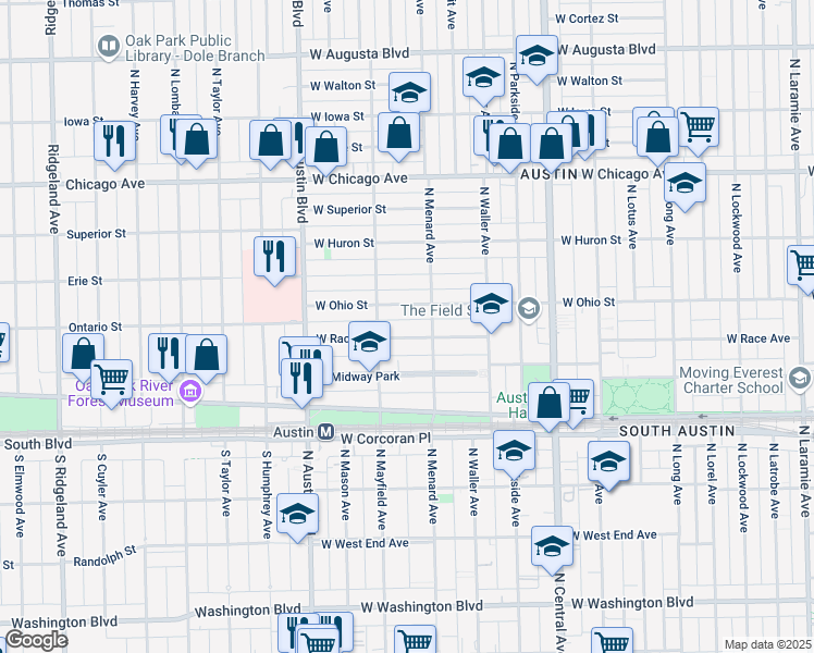 map of restaurants, bars, coffee shops, grocery stores, and more near 5824 W Race Ave in Chicago
