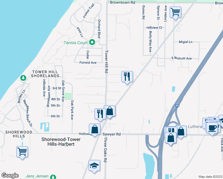 map of restaurants, bars, coffee shops, grocery stores, and more near 6475 Berrien Street in Sawyer