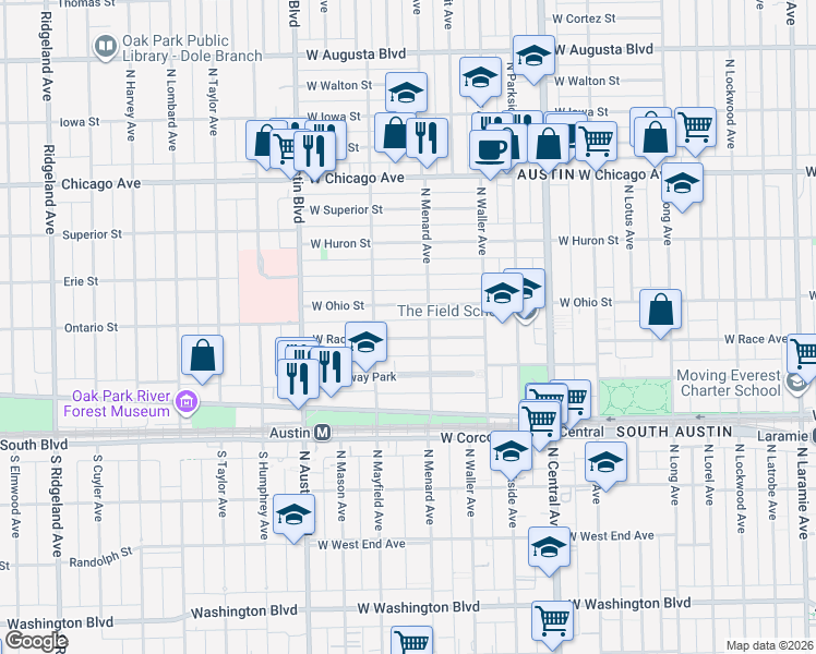 map of restaurants, bars, coffee shops, grocery stores, and more near 5824 West Race Avenue in Chicago