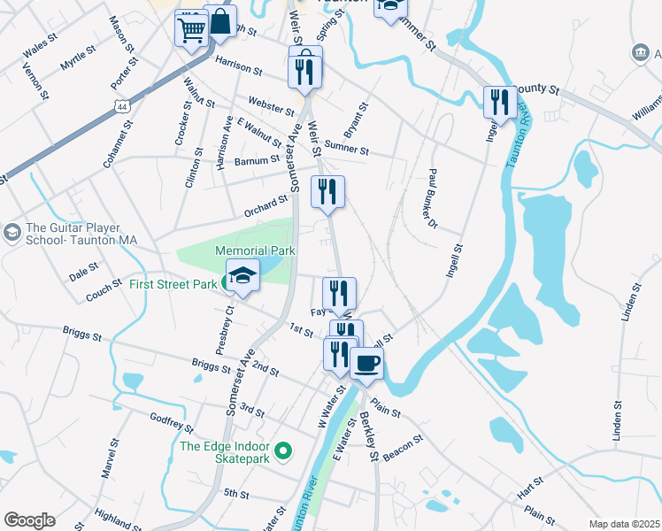map of restaurants, bars, coffee shops, grocery stores, and more near 15 Forest Street in Taunton