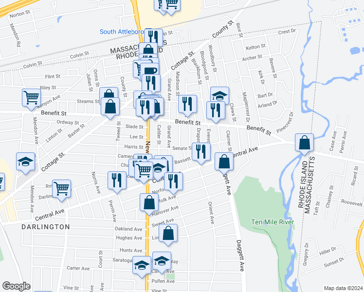 map of restaurants, bars, coffee shops, grocery stores, and more near 10 Bowen Street in Pawtucket