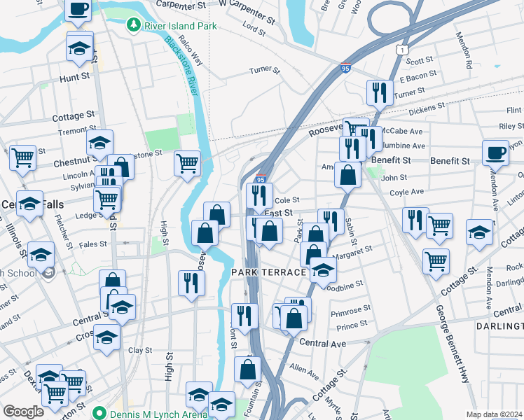map of restaurants, bars, coffee shops, grocery stores, and more near 134 East Street in Pawtucket