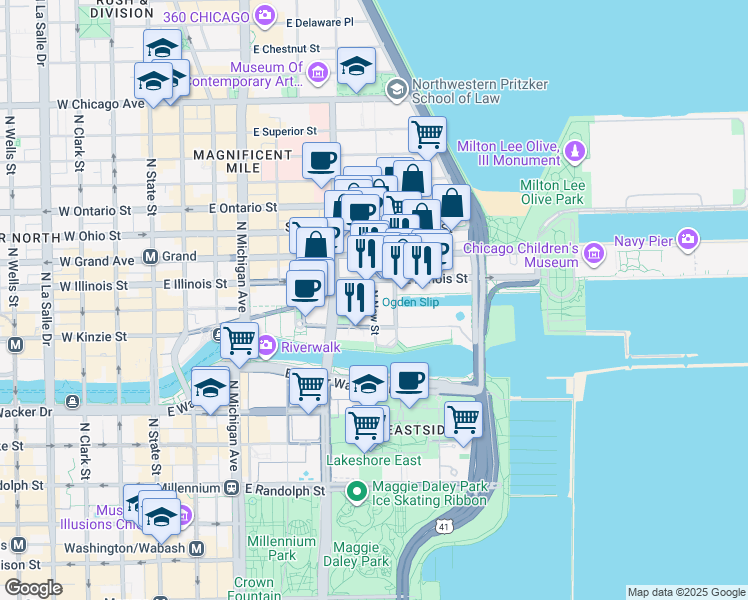 map of restaurants, bars, coffee shops, grocery stores, and more near 440 North McClurg Court in Chicago