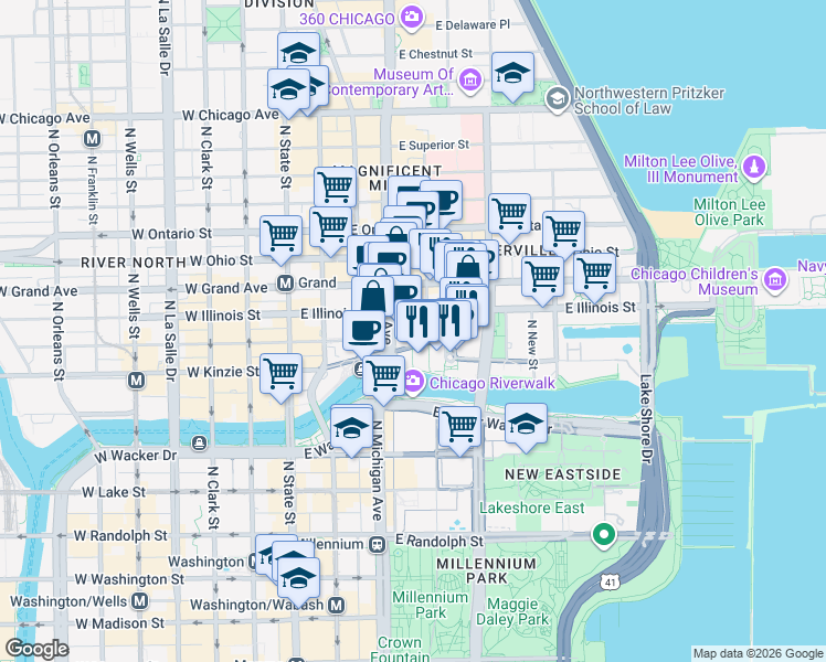 map of restaurants, bars, coffee shops, grocery stores, and more near 450 Cityfront Plaza Drive in Chicago
