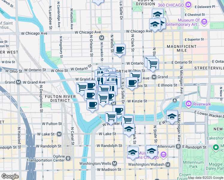 map of restaurants, bars, coffee shops, grocery stores, and more near 444 North Wells Street in Chicago