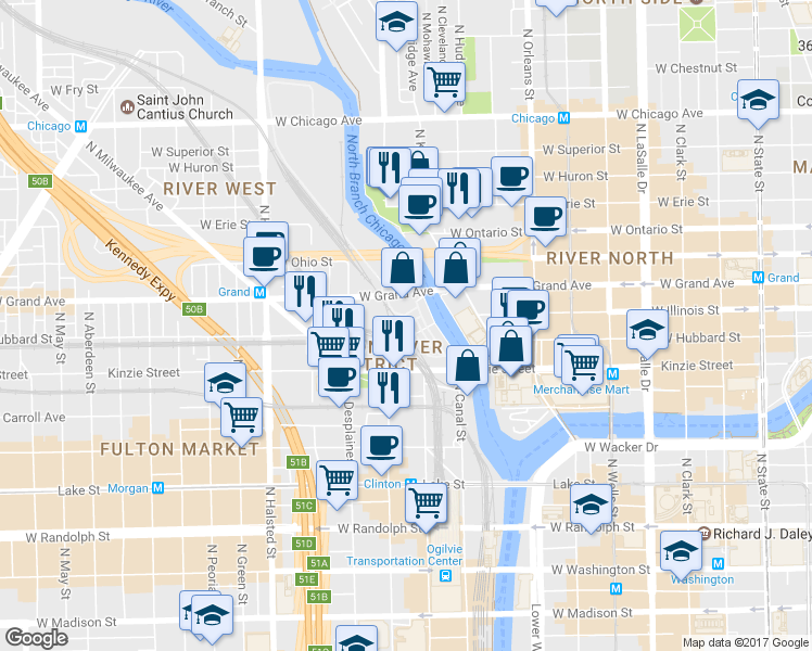 map of restaurants, bars, coffee shops, grocery stores, and more near 486 North Clinton Street in Chicago