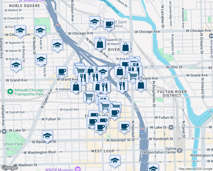 map of restaurants, bars, coffee shops, grocery stores, and more near 914 West Hubbard Street in Chicago