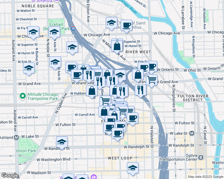 map of restaurants, bars, coffee shops, grocery stores, and more near 456 North Morgan Street in Chicago