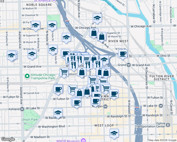 map of restaurants, bars, coffee shops, grocery stores, and more near in Chicago
