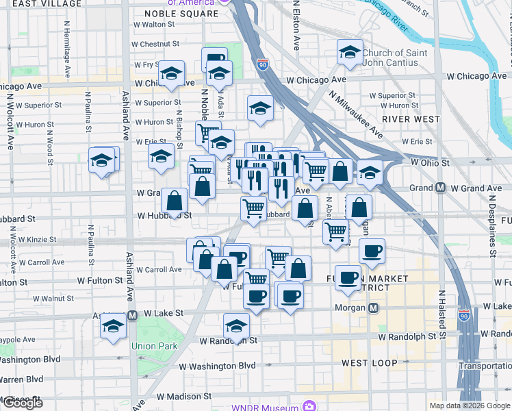 map of restaurants, bars, coffee shops, grocery stores, and more near in Chicago