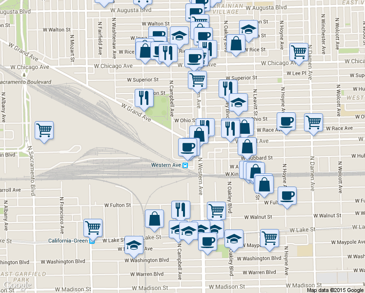 map of restaurants, bars, coffee shops, grocery stores, and more near 466 North Artesian Avenue in Chicago