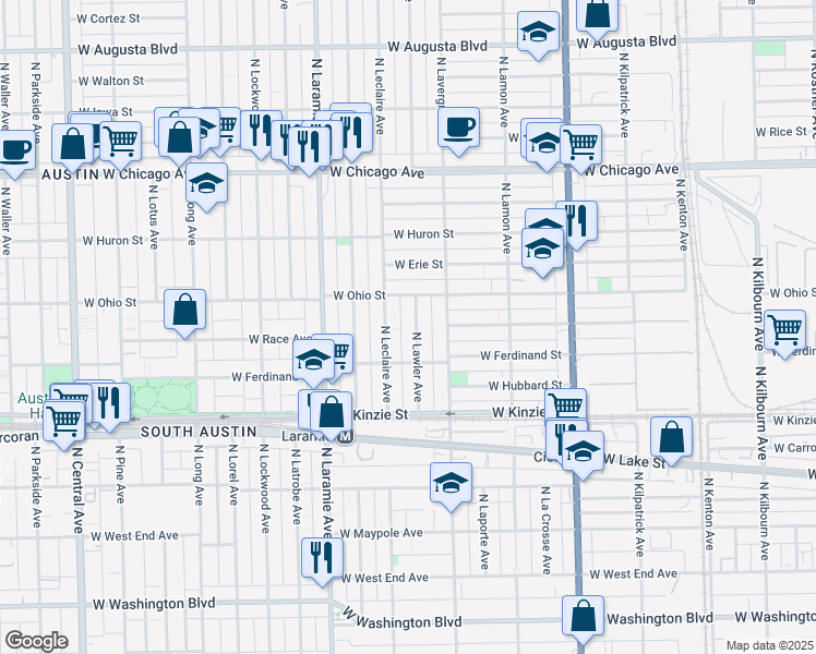 map of restaurants, bars, coffee shops, grocery stores, and more near 539 North Lawler Avenue in Chicago