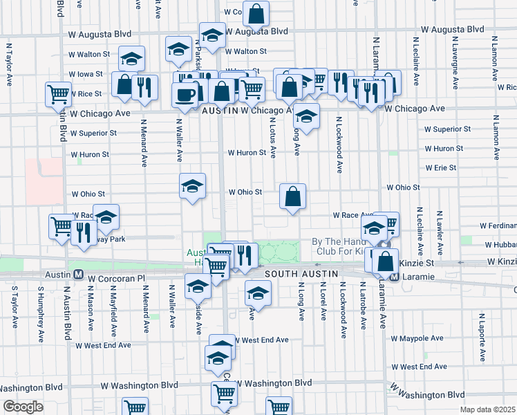 map of restaurants, bars, coffee shops, grocery stores, and more near 557 North Pine Avenue in Chicago