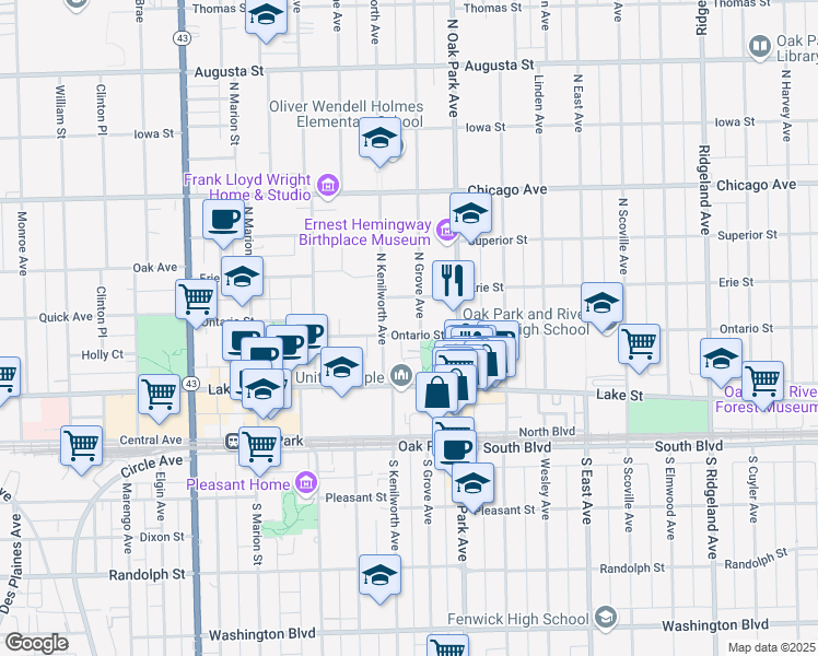 map of restaurants, bars, coffee shops, grocery stores, and more near in Oak Park