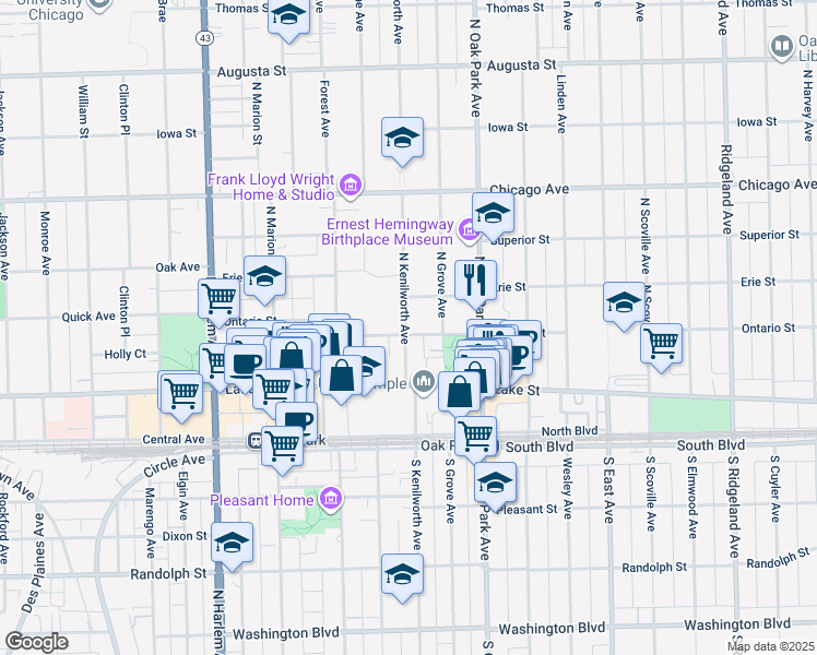 map of restaurants, bars, coffee shops, grocery stores, and more near 203 North Kenilworth Avenue in Oak Park