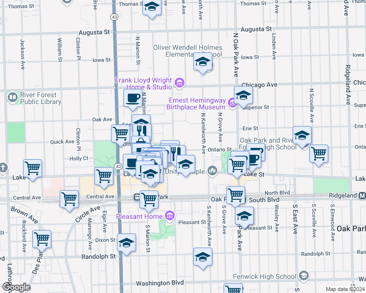 map of restaurants, bars, coffee shops, grocery stores, and more near 938 Ontario Street in Oak Park