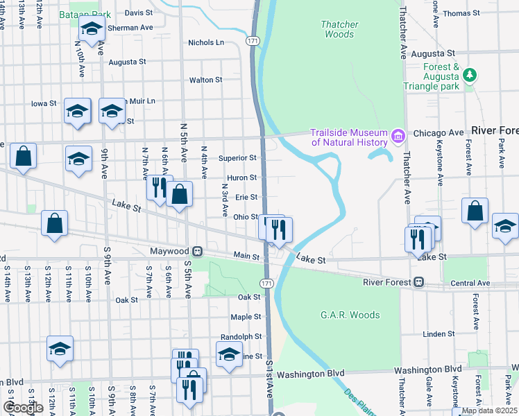 map of restaurants, bars, coffee shops, grocery stores, and more near 311 North 2nd Avenue in Maywood