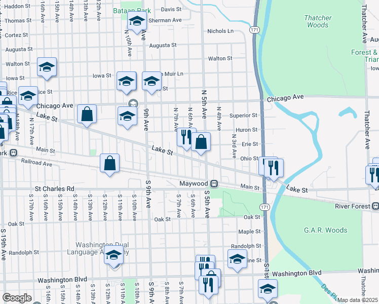 map of restaurants, bars, coffee shops, grocery stores, and more near 313 North 6th Avenue in Maywood