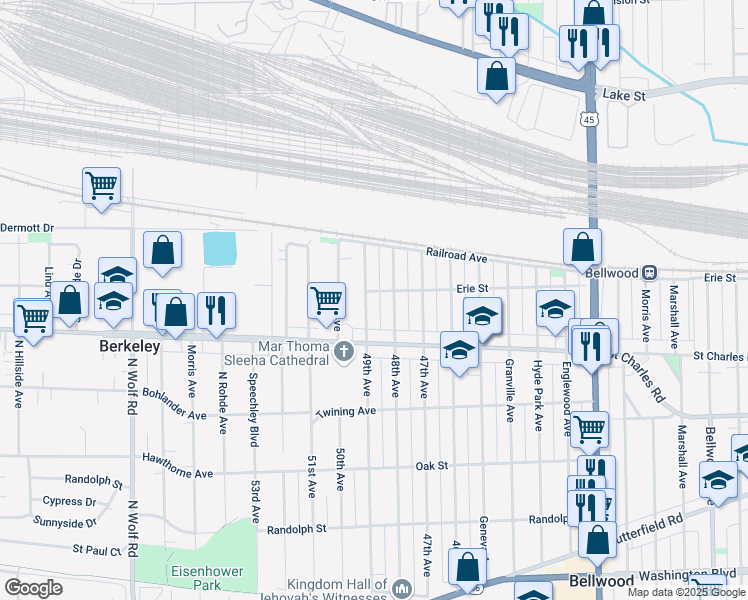 map of restaurants, bars, coffee shops, grocery stores, and more near 100 48th Avenue in Bellwood