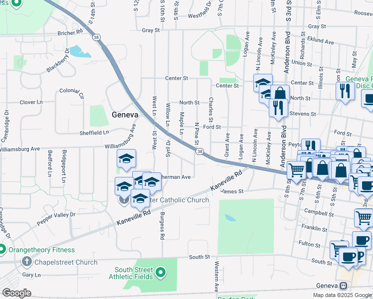 map of restaurants, bars, coffee shops, grocery stores, and more near 1504 West State Street in Geneva