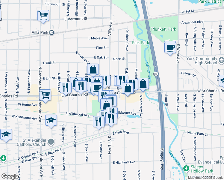 map of restaurants, bars, coffee shops, grocery stores, and more near 749 Saint Charles Road in Elmhurst