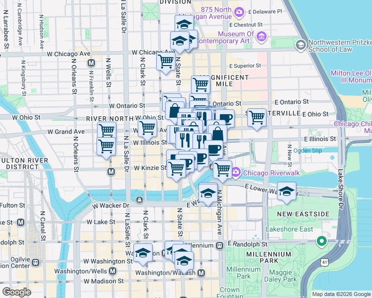 map of restaurants, bars, coffee shops, grocery stores, and more near 440 North Wabash Avenue in Chicago