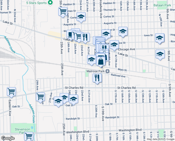 map of restaurants, bars, coffee shops, grocery stores, and more near 2 South 21st Avenue in Maywood