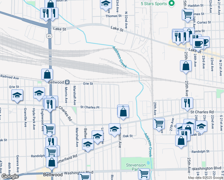 map of restaurants, bars, coffee shops, grocery stores, and more near 115 Rice Avenue in Bellwood