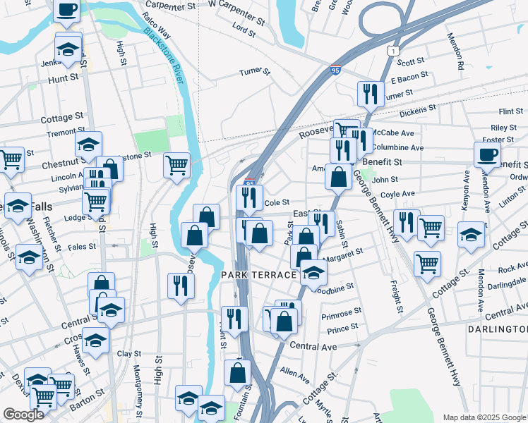 map of restaurants, bars, coffee shops, grocery stores, and more near 134 East Street in Pawtucket