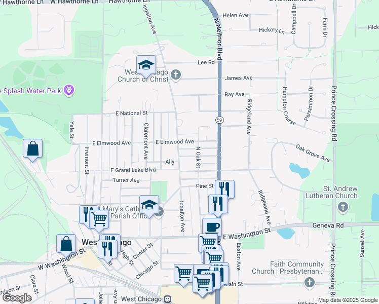 map of restaurants, bars, coffee shops, grocery stores, and more near 721 Wendall Street in West Chicago