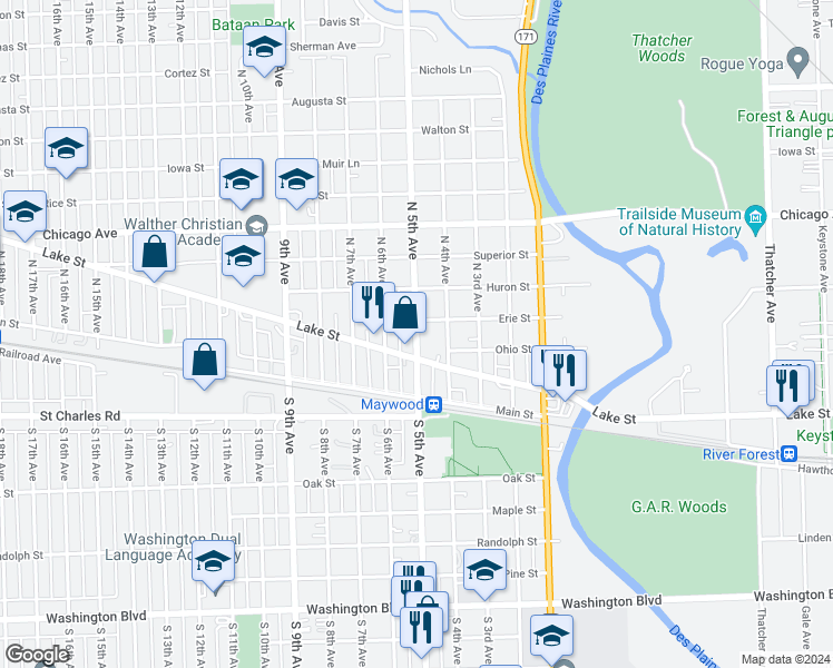map of restaurants, bars, coffee shops, grocery stores, and more near 313 North 6th Avenue in Maywood