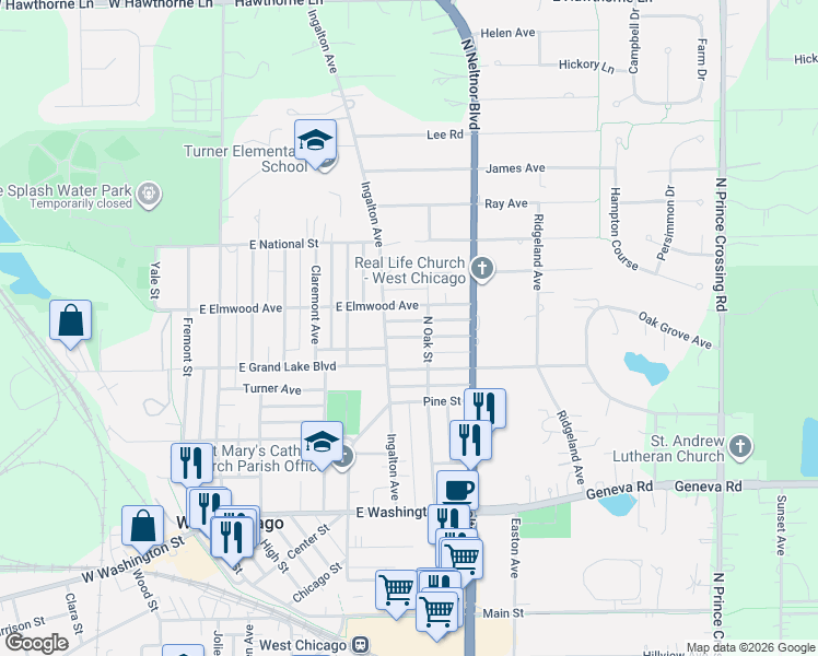 map of restaurants, bars, coffee shops, grocery stores, and more near 721 Wendall Street in West Chicago