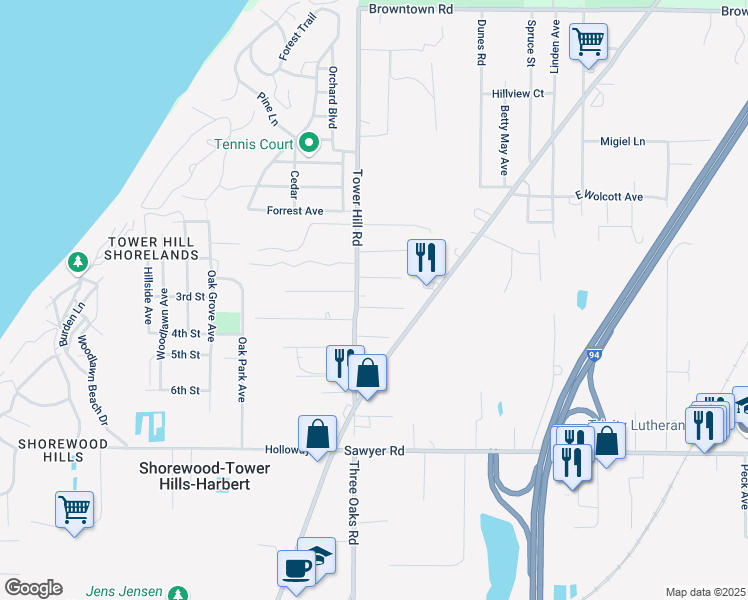 map of restaurants, bars, coffee shops, grocery stores, and more near 6475 Berrien Street in Sawyer