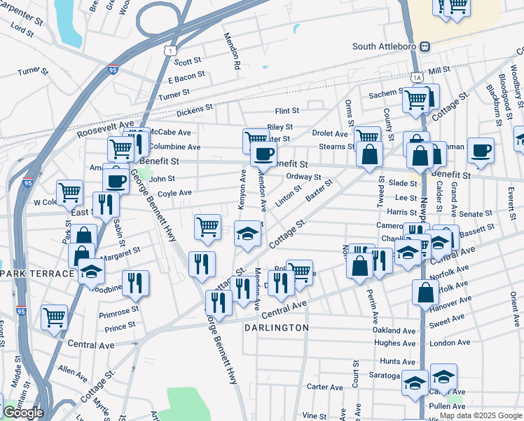 map of restaurants, bars, coffee shops, grocery stores, and more near 264 Mendon Avenue in Pawtucket