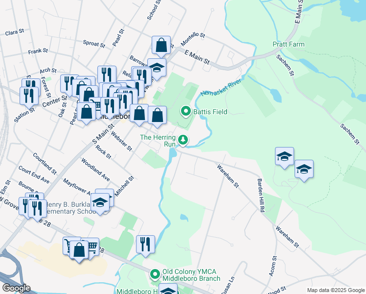 map of restaurants, bars, coffee shops, grocery stores, and more near 47 Wareham Street in Middleborough