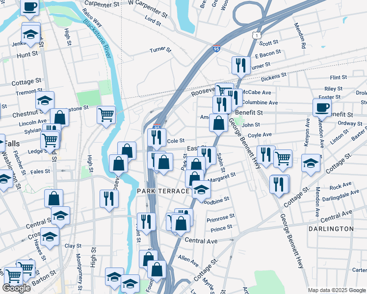 map of restaurants, bars, coffee shops, grocery stores, and more near 178 East St in Pawtucket