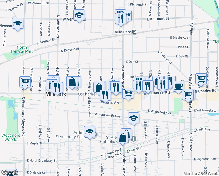 map of restaurants, bars, coffee shops, grocery stores, and more near 18 North Princeton Avenue in Villa Park
