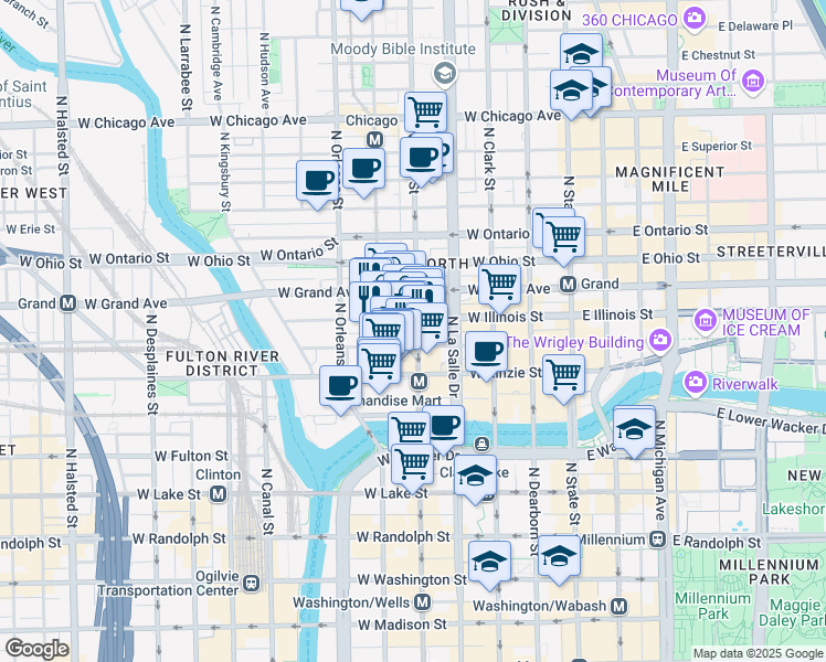 map of restaurants, bars, coffee shops, grocery stores, and more near 444 North Wells Street in Chicago
