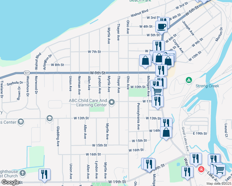 map of restaurants, bars, coffee shops, grocery stores, and more near 1021 Thayer Avenue in Ashtabula