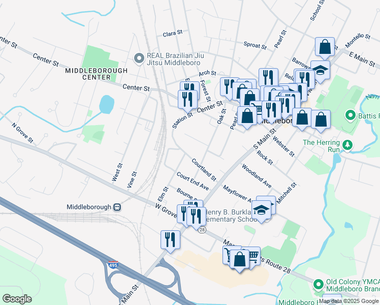 map of restaurants, bars, coffee shops, grocery stores, and more near 37 Courtland Street in Middleborough