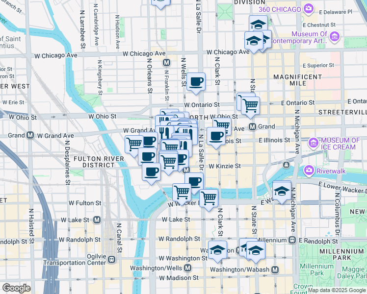 map of restaurants, bars, coffee shops, grocery stores, and more near 444 North Wells Street in Chicago