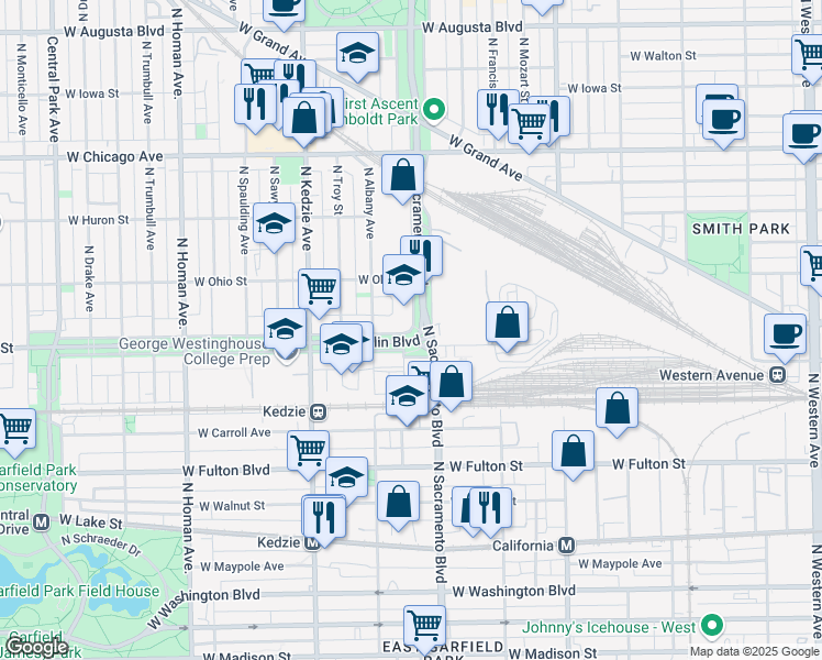 map of restaurants, bars, coffee shops, grocery stores, and more near 500 North Sacramento Boulevard in Chicago