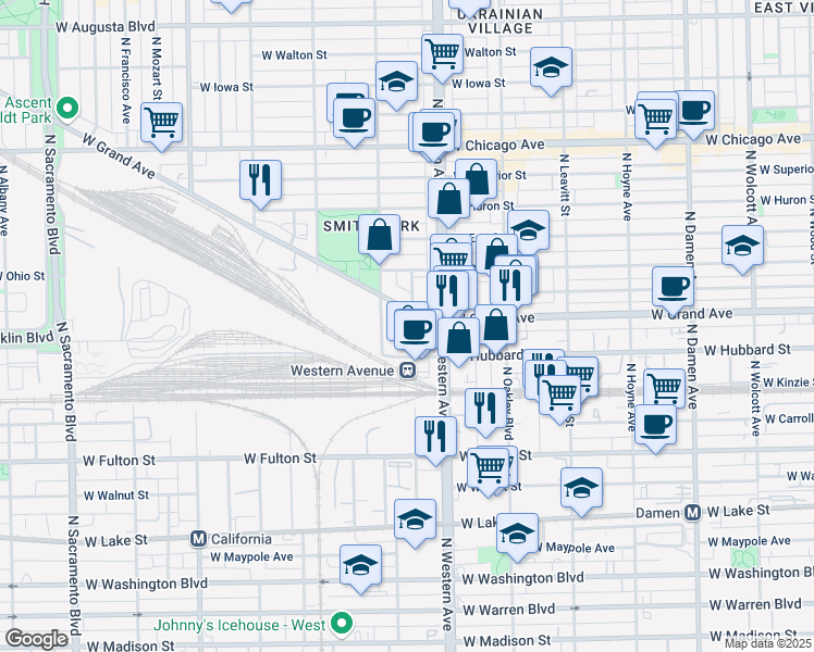 map of restaurants, bars, coffee shops, grocery stores, and more near 466 North Artesian Avenue in Chicago